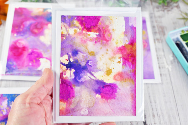 Greeting Card Set, 4 Blank Inside with Hand-Painted Art - Original Mixed Media, Purple Pink Blue Gold Splatter