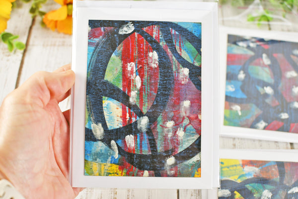 Greeting Card Set, 4 Blank Inside with Hand-Painted Art - Original Mixed Media, Black Red Blue Yellow