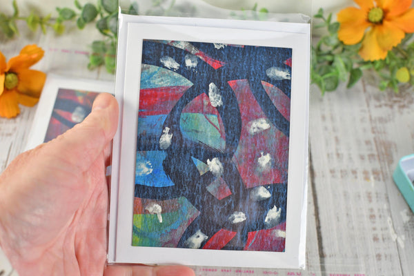 Greeting Card Set, 4 Blank Inside with Hand-Painted Art - Original Mixed Media, Black Red Blue Yellow