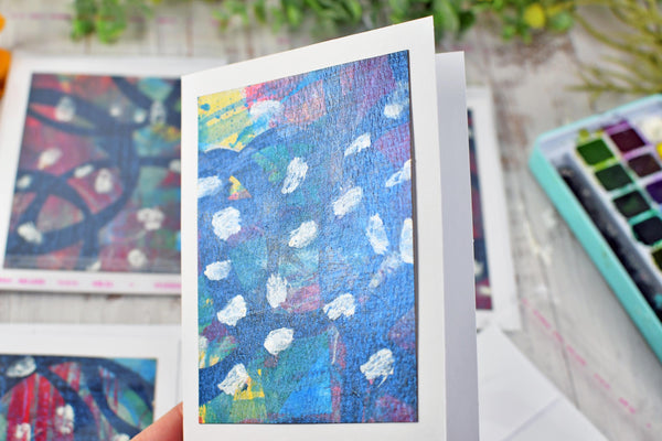 Greeting Card Set, 4 Blank Inside with Hand-Painted Art - Original Mixed Media, Black Red Blue Yellow