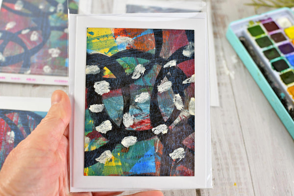Greeting Card Set, 4 Blank Inside with Hand-Painted Art - Original Mixed Media, Black Red Blue Yellow