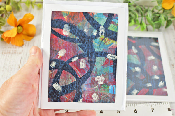 Greeting Card Set, 4 Blank Inside with Hand-Painted Art - Original Mixed Media, Black Red Blue Yellow