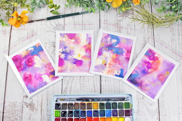 Greeting Card Set, 4 Blank Inside with Hand-Painted Art - Original Mixed Media, Purple Pink Blue Gold Splatter