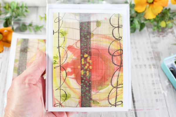 Greeting Card Set, 4 Blank Inside with Hand-Painted Art - Original Mixed Media, Pastel Salmon Pink Yellow Green Brown, Abstract Floral