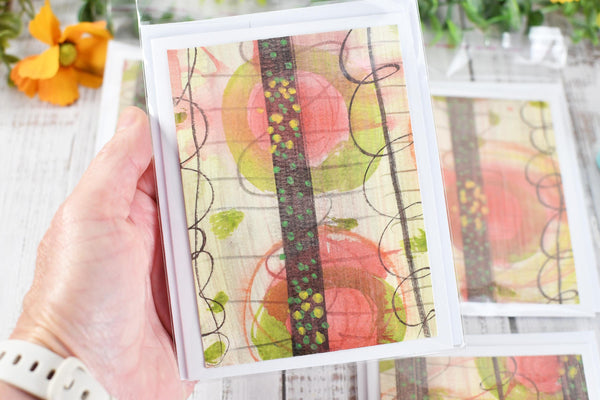 Greeting Card Set, 4 Blank Inside with Hand-Painted Art - Original Mixed Media, Pastel Salmon Pink Yellow Green Brown, Abstract Floral