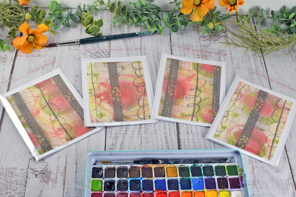 Greeting Card Set, 4 Blank Inside with Hand-Painted Art - Original Mixed Media, Pastel Salmon Pink Yellow Green Brown, Abstract Floral