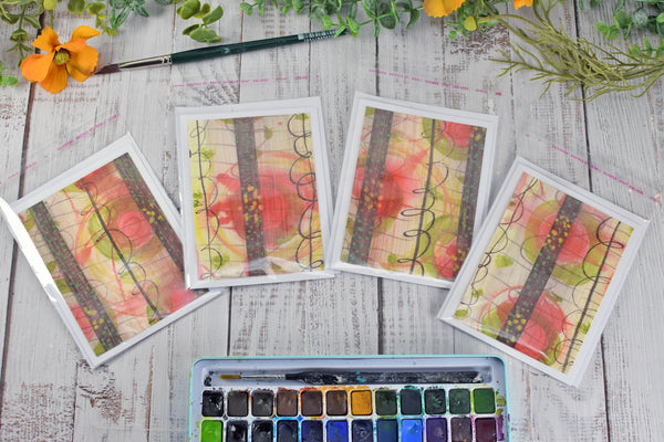 Greeting Card Set, 4 Blank Inside with Hand-Painted Art - Original Mixed Media, Pastel Salmon Pink Yellow Green Brown, Abstract Floral