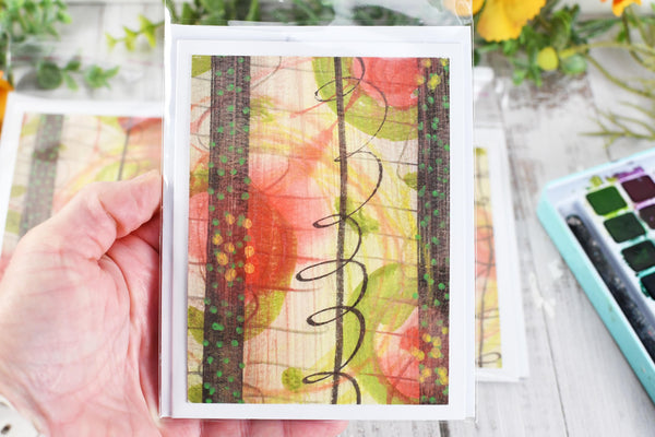 Greeting Card Set, 4 Blank Inside with Hand-Painted Art - Original Mixed Media, Pastel Salmon Pink Yellow Green Brown, Abstract Floral