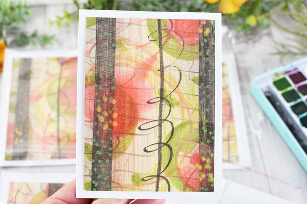 Greeting Card Set, 4 Blank Inside with Hand-Painted Art - Original Mixed Media, Pastel Salmon Pink Yellow Green Brown, Abstract Floral