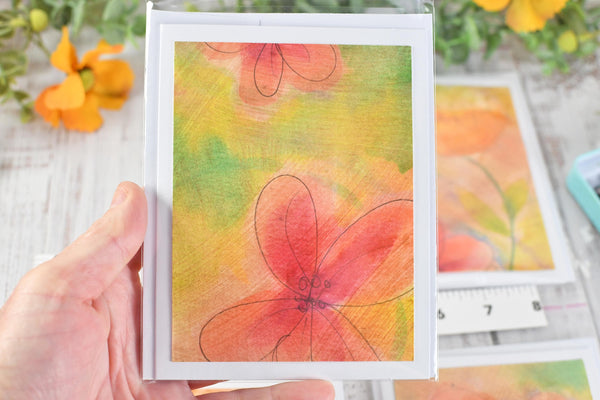 Greeting Card Set, 4 Blank Inside with Hand-Painted Art - Original Mixed Media, Floral Drawing in Pastel Orange Peach Pink Yellow Green