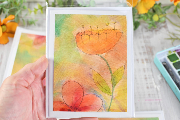 Greeting Card Set, 4 Blank Inside with Hand-Painted Art - Original Mixed Media, Floral Drawing in Pastel Orange Peach Pink Yellow Green