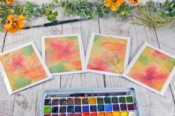 Greeting Card Set, 4 Blank Inside with Hand-Painted Art - Original Mixed Media, Floral Drawing in Pastel Orange Peach Pink Yellow Green