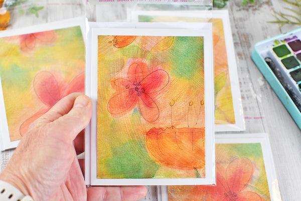 Greeting Card Set, 4 Blank Inside with Hand-Painted Art - Original Mixed Media, Floral Drawing in Pastel Orange Peach Pink Yellow Green