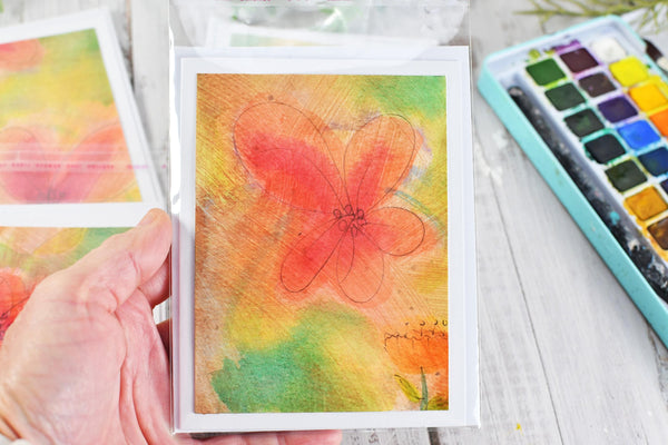 Greeting Card Set, 4 Blank Inside with Hand-Painted Art - Original Mixed Media, Floral Drawing in Pastel Orange Peach Pink Yellow Green