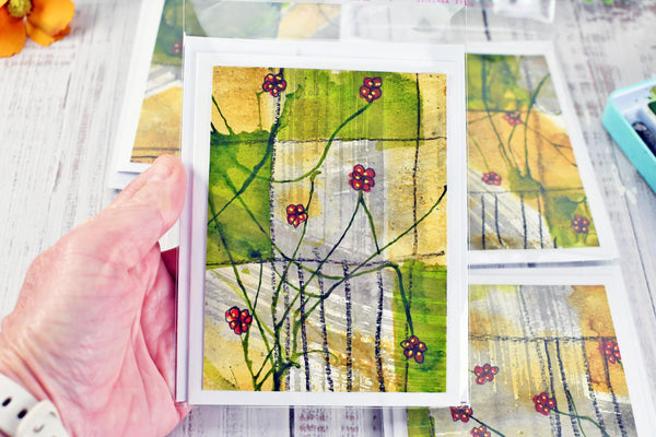 Greeting Card Set, 4 Blank Inside with Hand-Painted Art - Original Mixed Media, Floral Drawing in Red Yellow Umber Gray and Olive Green
