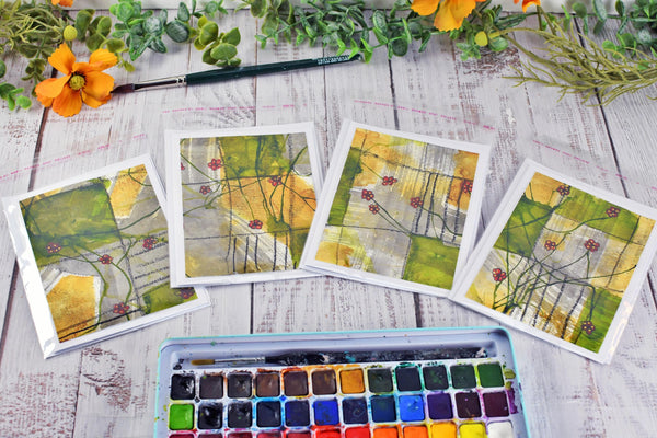 Greeting Card Set, 4 Blank Inside with Hand-Painted Art - Original Mixed Media, Floral Drawing in Red Yellow Umber Gray and Olive Green