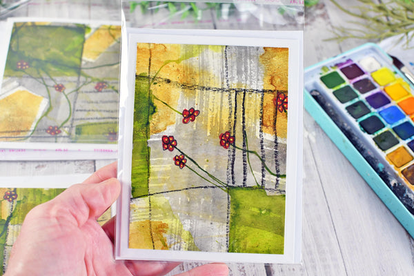 Greeting Card Set, 4 Blank Inside with Hand-Painted Art - Original Mixed Media, Floral Drawing in Red Yellow Umber Gray and Olive Green