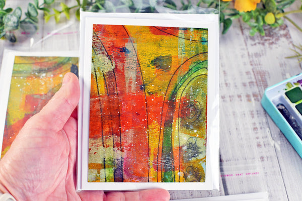 Greeting Card Set, 4 Blank Inside with Hand-Painted Art - Original Mixed Media in Earthy Red, Orange, Yellow, and Olive Green Brush Strokes