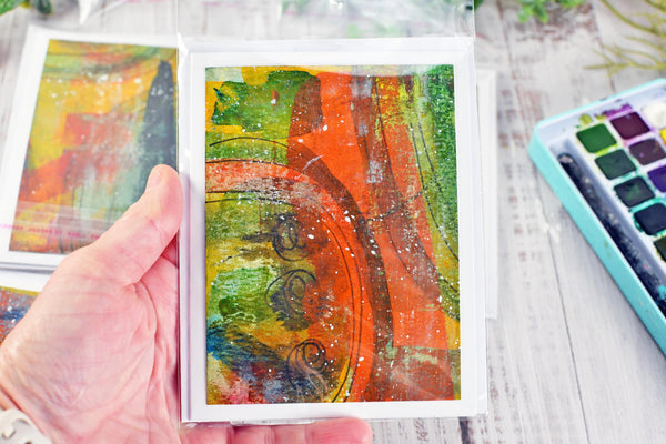 Greeting Card Set, 4 Blank Inside with Hand-Painted Art - Original Mixed Media in Earthy Red, Orange, Yellow, and Olive Green Brush Strokes