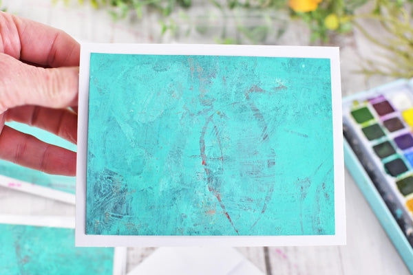 Greeting Card Set, 4 Blank Inside with Hand-Painted Art - Original Mixed Media in Caribbean Turquoise Blue Green and Maroon