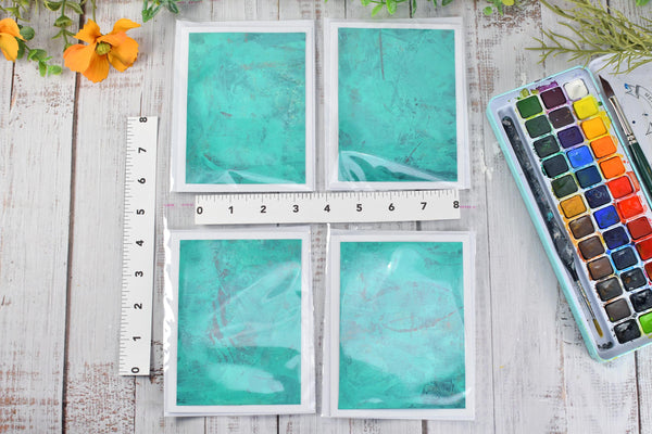 Greeting Card Set, 4 Blank Inside with Hand-Painted Art - Original Mixed Media in Caribbean Turquoise Blue Green and Maroon