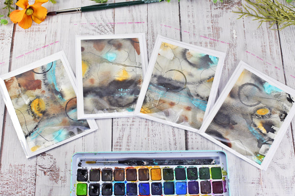 Greeting Card Set, 4 Blank Inside with Hand-Painted Art - Original Mixed Media, Abstract Black Brown Blue Orange and Tan
