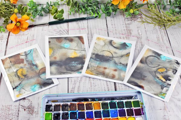 Greeting Card Set, 4 Blank Inside with Hand-Painted Art - Original Mixed Media, Abstract Black Brown Blue Orange and Tan