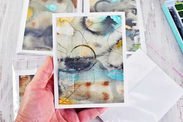 Greeting Card Set, 4 Blank Inside with Hand-Painted Art - Original Mixed Media, Abstract Black Brown Blue Orange and Tan