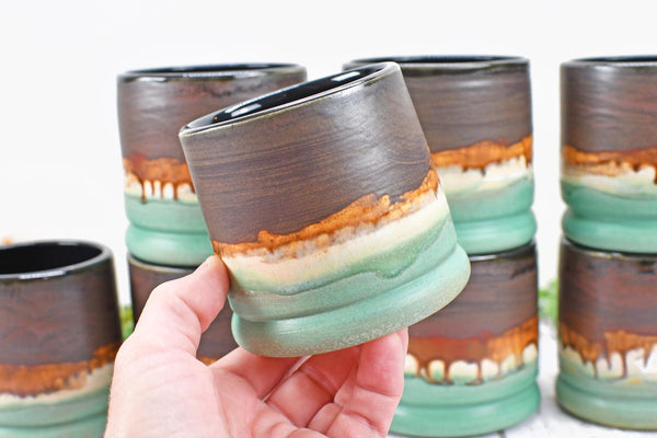 Handmade Ceramic Whiskey Tumbler, Bronze & Turquoise, Eco-Friendly 9th Anniversary Gift