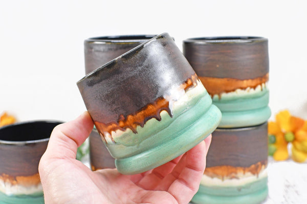 Handmade Ceramic Whiskey Tumbler, Bronze & Turquoise, Eco-Friendly 9th Anniversary Gift