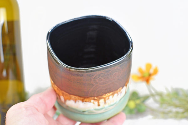 Handmade Ceramic Whiskey Tumbler, Bronze & Turquoise, Eco-Friendly 9th Anniversary Gift
