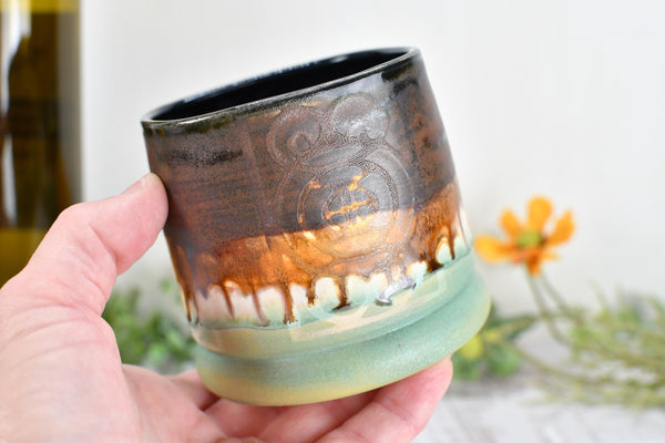 Handmade Ceramic Whiskey Tumbler, Bronze & Turquoise, Eco-Friendly 9th Anniversary Gift