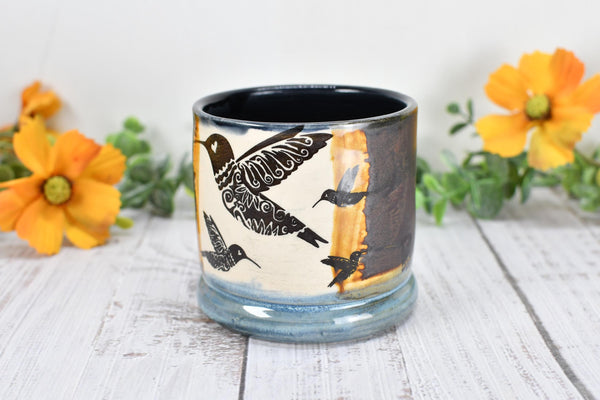 Bronze Anniversary Pottery Gift Hummingbird Cup, Wine Whiskey Bourbon, Handmade Ceramic Tumbler, Black, Blue, Tan, Bird Lover