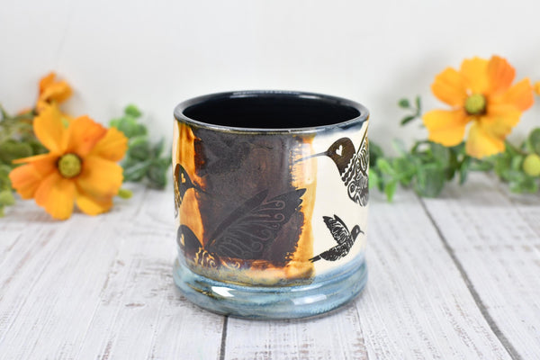 Bronze Anniversary Pottery Gift Hummingbird Cup, Wine Whiskey Bourbon, Handmade Ceramic Tumbler, Black, Blue, Tan, Bird Lover