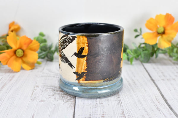 Bronze Anniversary Pottery Gift Hummingbird Cup, Wine Whiskey Bourbon, Handmade Ceramic Tumbler, Black, Blue, Tan, Bird Lover
