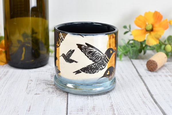 Bronze Anniversary Pottery Gift Hummingbird Cup, Wine Whiskey Bourbon, Handmade Ceramic Tumbler, Black, Blue, Tan, Bird Lover