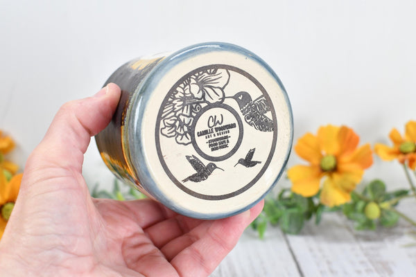 Bronze Anniversary Pottery Gift Hummingbird Cup, Wine Whiskey Bourbon, Handmade Ceramic Tumbler, Black, Blue, Tan, Bird Lover