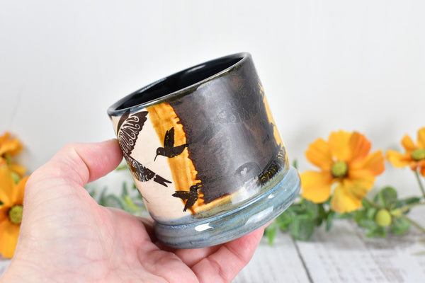 Bronze Anniversary Pottery Gift Hummingbird Cup, Wine Whiskey Bourbon, Handmade Ceramic Tumbler, Black, Blue, Tan, Bird Lover