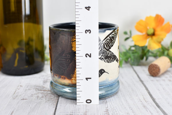 Bronze Anniversary Pottery Gift Hummingbird Cup, Wine Whiskey Bourbon, Handmade Ceramic Tumbler, Black, Blue, Tan, Bird Lover