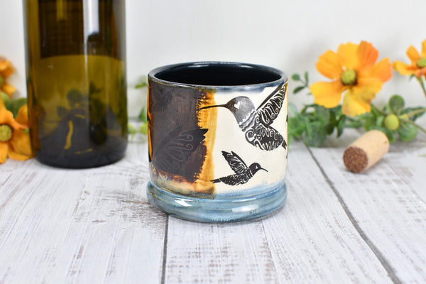Bronze Anniversary Pottery Gift Hummingbird Cup, Wine Whiskey Bourbon, Handmade Ceramic Tumbler, Black, Blue, Tan, Bird Lover
