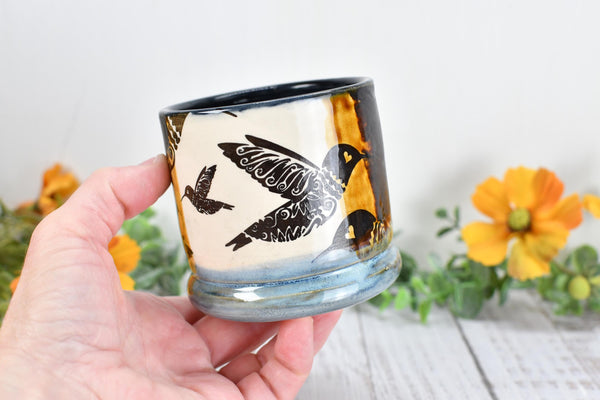 Bronze Anniversary Pottery Gift Hummingbird Cup, Wine Whiskey Bourbon, Handmade Ceramic Tumbler, Black, Blue, Tan, Bird Lover