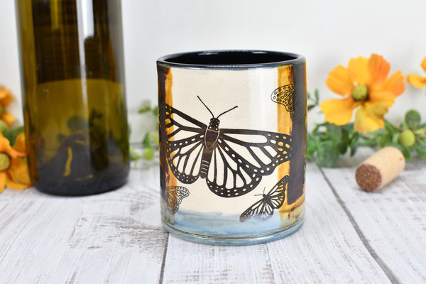 Butterfly Bronze Pottery Anniversary Cup for Wine, Whiskey, Bourbon, Handmade Ceramic Tumbler, Black, Blue, Tan, Monarch Garden Lover Gift