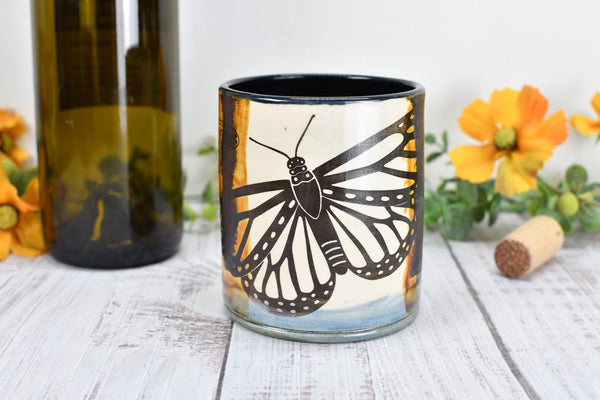 Butterfly Bronze Pottery Anniversary Cup for Wine, Whiskey, Bourbon, Handmade Ceramic Tumbler, Black, Blue, Tan, Monarch Garden Lover Gift