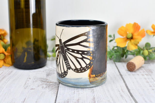 Butterfly Bronze Pottery Anniversary Cup for Wine, Whiskey, Bourbon, Handmade Ceramic Tumbler, Black, Blue, Tan, Monarch Garden Lover Gift