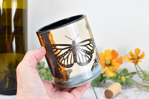 Butterfly Bronze Pottery Anniversary Cup for Wine, Whiskey, Bourbon, Handmade Ceramic Tumbler, Black, Blue, Tan, Monarch Garden Lover Gift