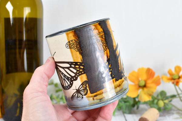 Butterfly Bronze Pottery Anniversary Cup for Wine, Whiskey, Bourbon, Handmade Ceramic Tumbler, Black, Blue, Tan, Monarch Garden Lover Gift