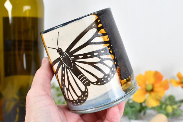 Butterfly Bronze Pottery Anniversary Cup for Wine, Whiskey, Bourbon, Handmade Ceramic Tumbler, Black, Blue, Tan, Monarch Garden Lover Gift