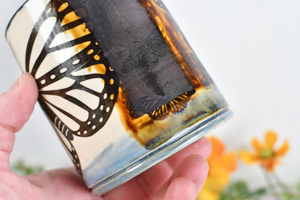 Butterfly Bronze Pottery Anniversary Cup for Wine, Whiskey, Bourbon, Handmade Ceramic Tumbler, Black, Blue, Tan, Monarch Garden Lover Gift