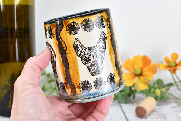 Sugar Skull Ceramic Tumbler, Day of The Dead Cup, BoHo Gift, Gothic Handmade Coffee Stoneware, Hand Painted Pottery, Cat, Dog, Black White