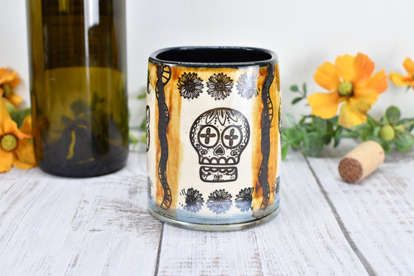 Sugar Skull Ceramic Tumbler, Day of The Dead Cup, BoHo Gift, Gothic Handmade Coffee Stoneware, Hand Painted Pottery, Cat, Dog, Black White